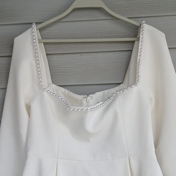 $485 Oddmuse London Elegant White Dress with Pearls, - Picture 6 of 9